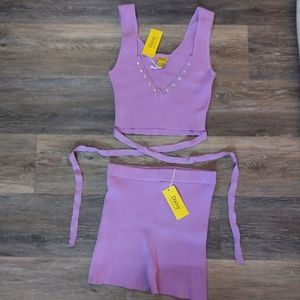 Purple lilac Daisy ribbed 2 piece biker shorts set